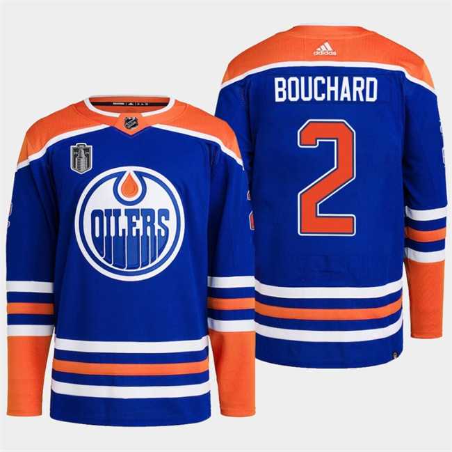 Men%27s Edmonton Oilers #2 Evan Bouchard Royal 2024 Stanley Cup Final Patch Stitched Jersey Dzhi